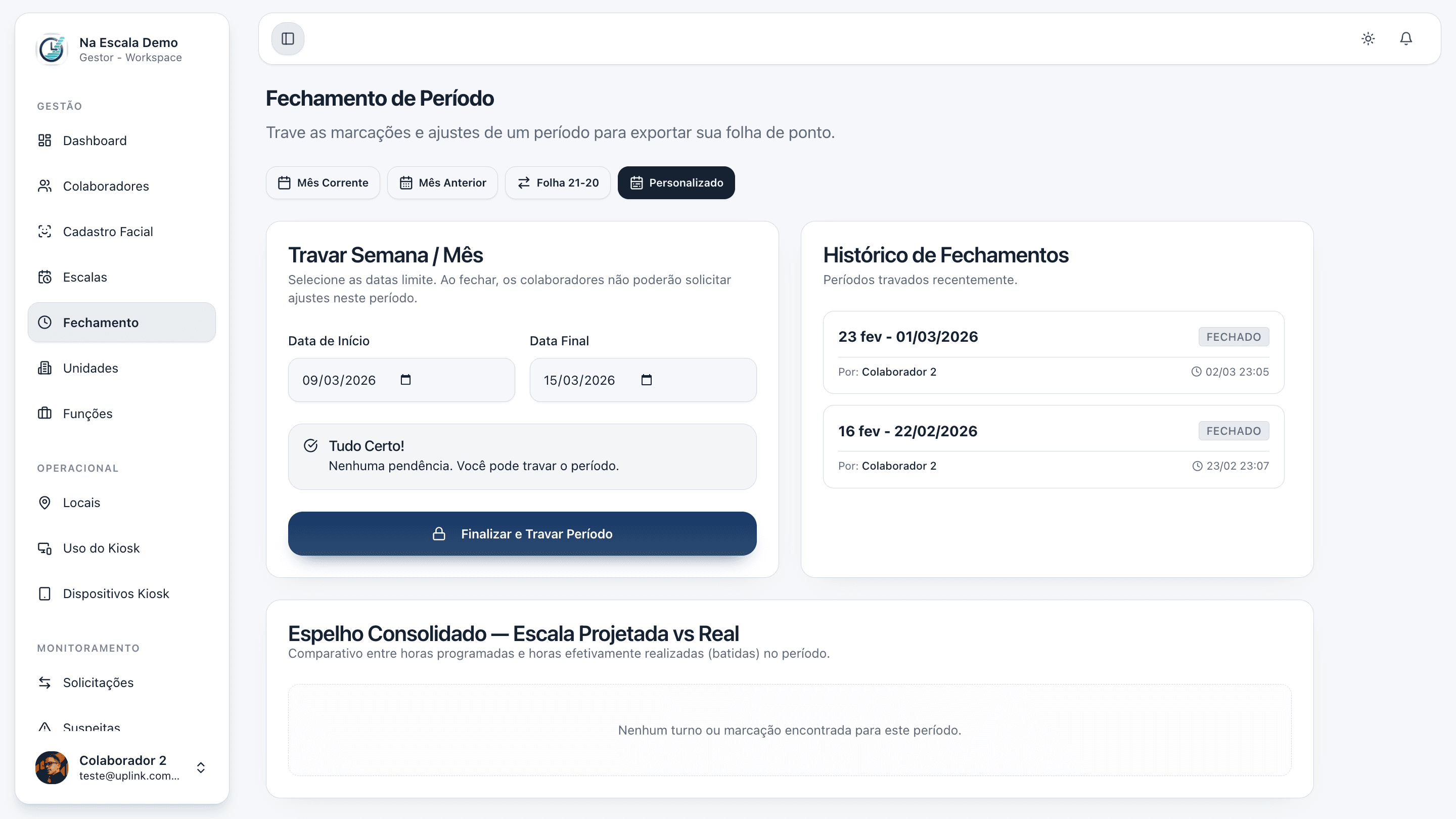 Tela de registro de ponto da plataforma na escala com relógio, geolocalização e comprovante