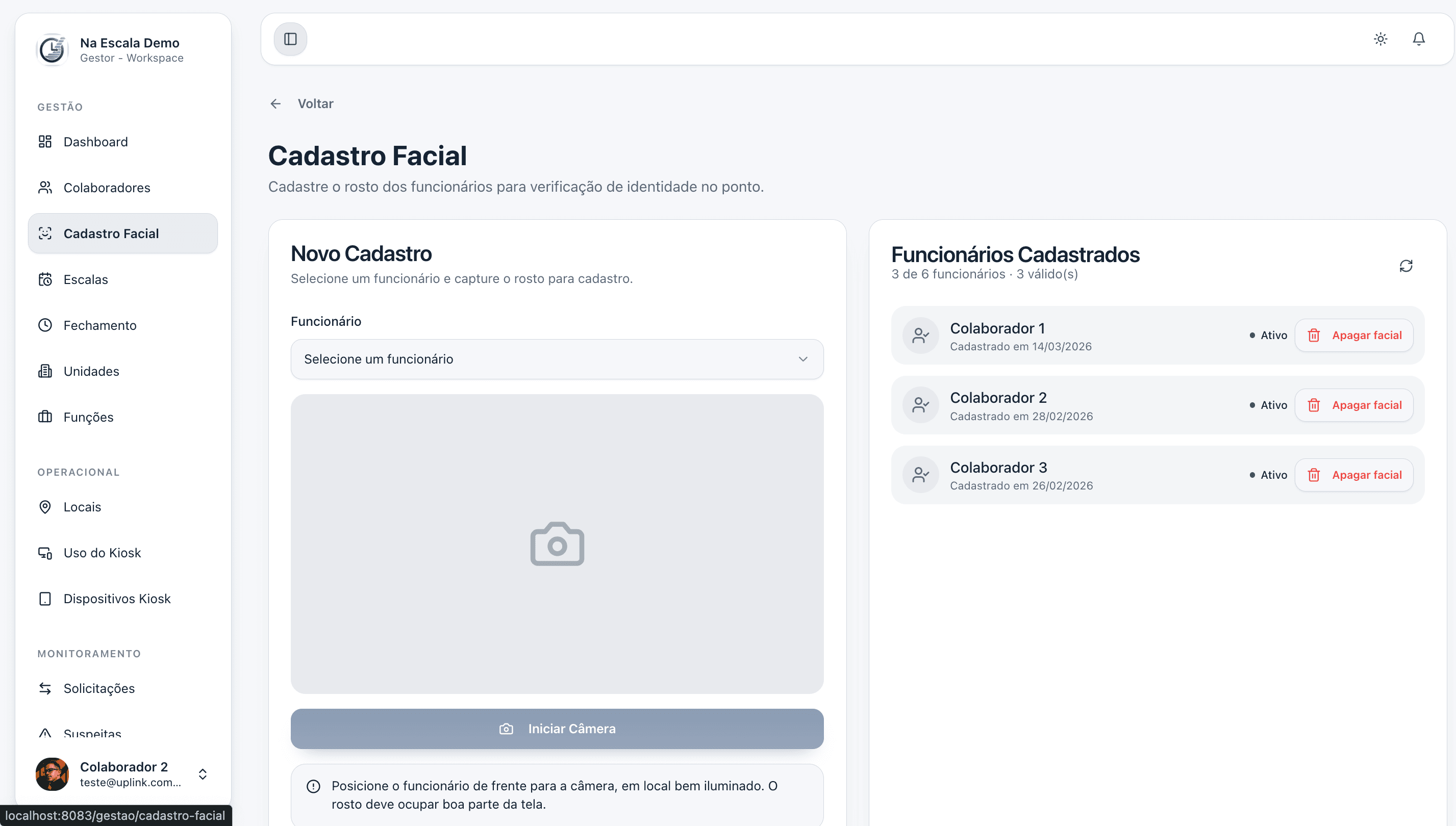 Tela de cadastro facial da plataforma na escala com captura guiada e lista de colaboradores cadastrados