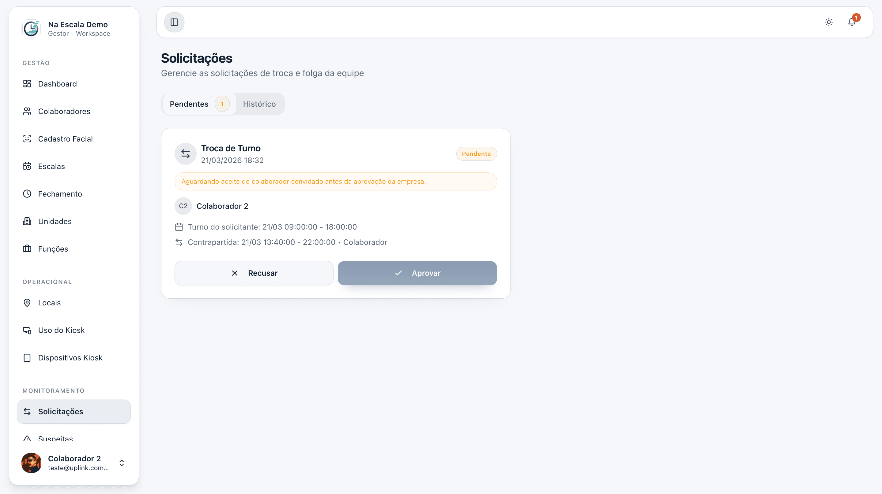 Tela de solicitações da plataforma na escala com fila de pendências e histórico de aprovações