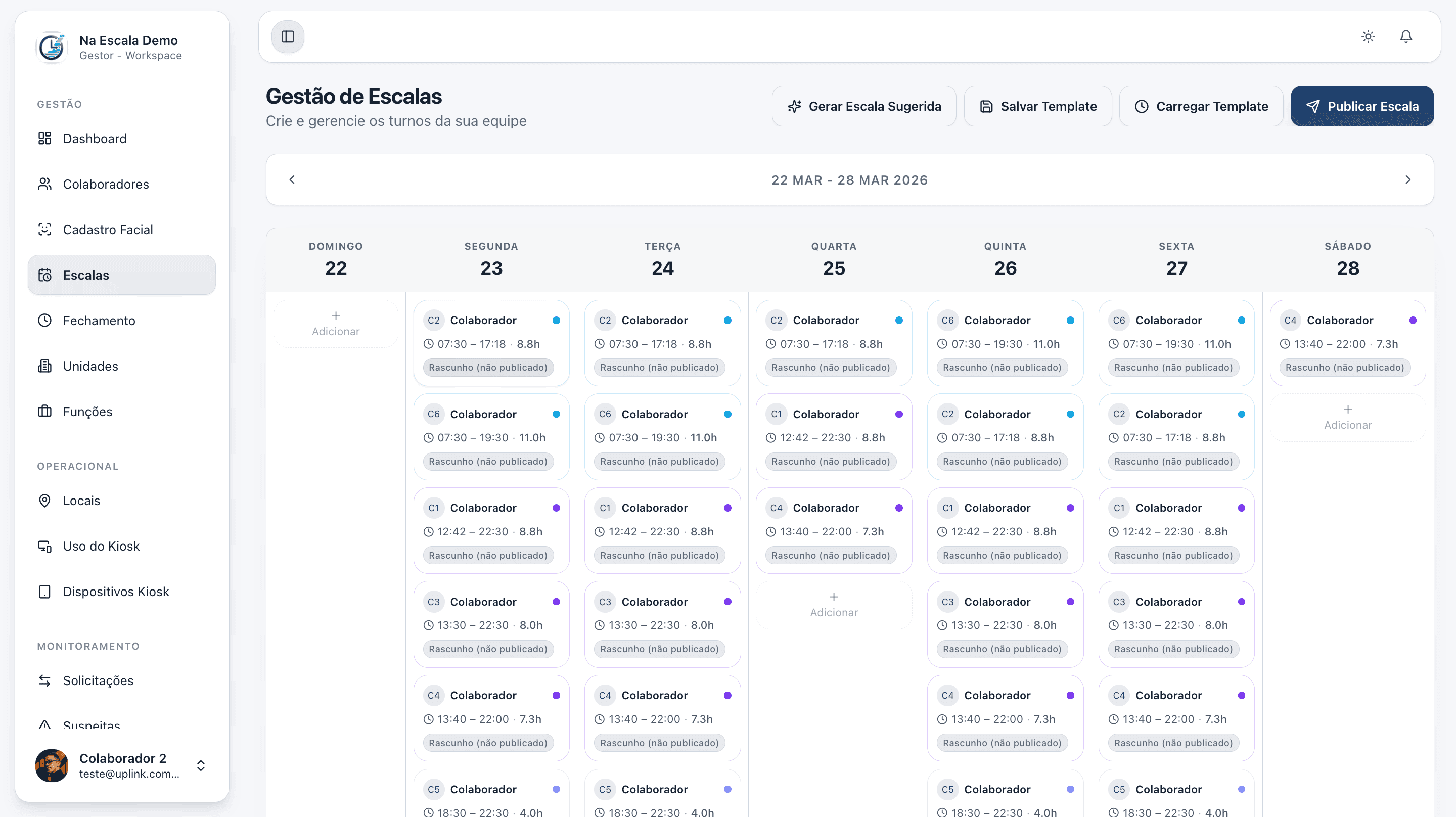 Tela de gestão de escalas da plataforma na escala com calendário semanal, cobertura e turnos planejados